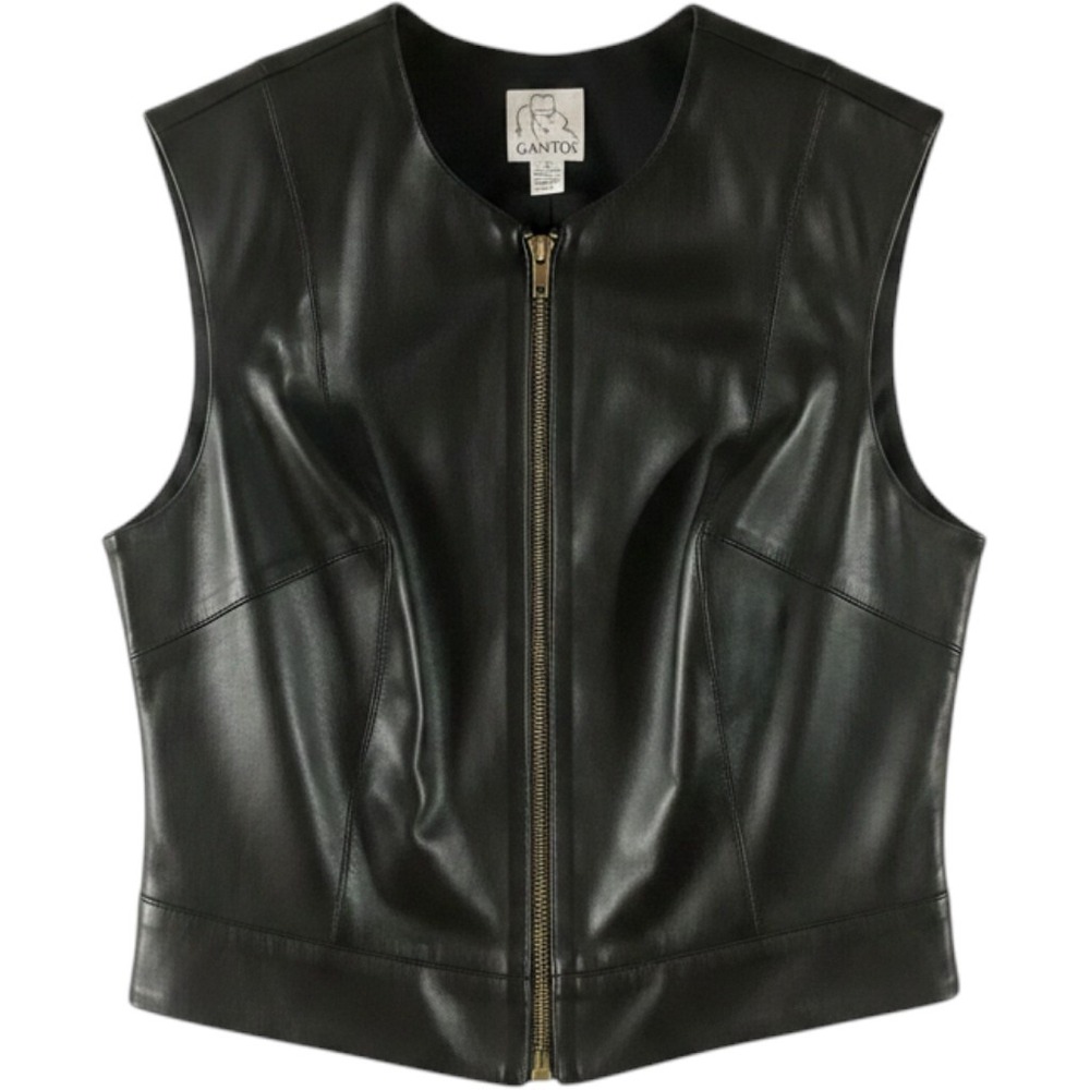Gantos Vintage Vest Black Leather Front Zip Up Buckle Hem Biker Moto Layering